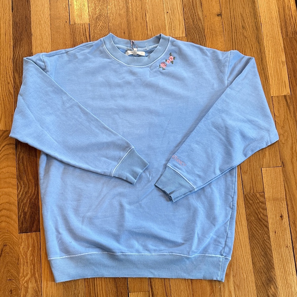 LoveShackFancy Sky Blue Crewneck Sweater with Pink Floral Accents